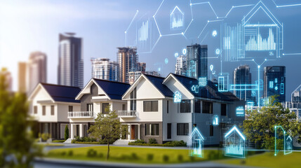 Suburban homes juxtaposed with futuristic city interface