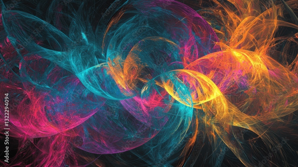 Poster vivid swirling patterns in blue, orange, and pink create an energetic and dynamic composition, showc