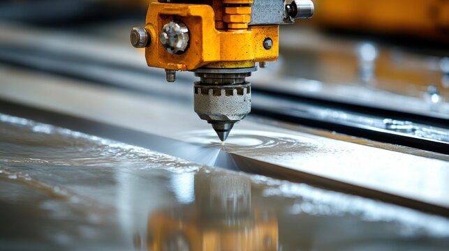Metal cutting machine at work, producing metal parts with precision water stream