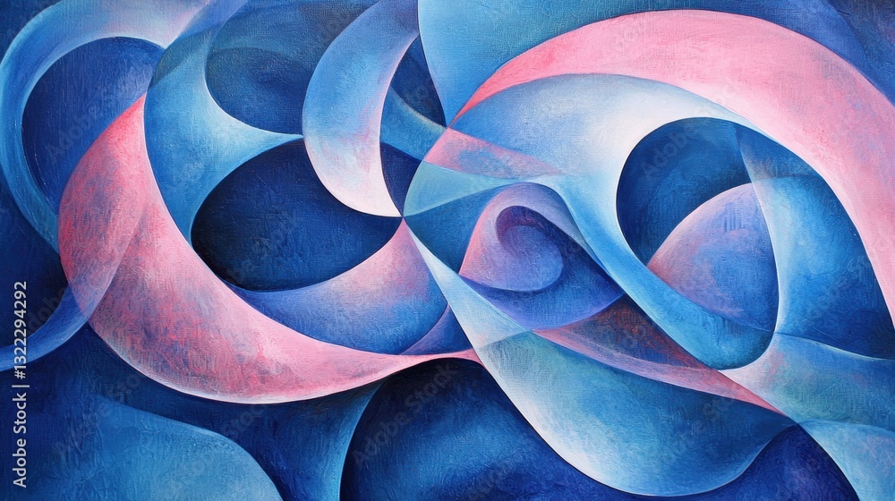 Poster vibrant shapes in blue and pink intertwine to form a dynamic abstract design. the composition showca