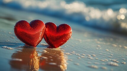 Fototapeta premium Two vibrant red hearts, symbols of enduring love, nestled side by side on the sandy expanse of the beach, their reflection mirroring the boundless love of the sea beyond.