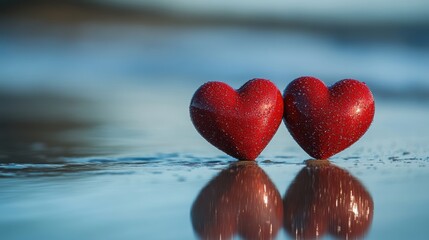Fototapeta premium Two vibrant red hearts, symbols of enduring love, nestled side by side on the sandy expanse of the beach, their reflection mirroring the boundless love of the sea beyond.