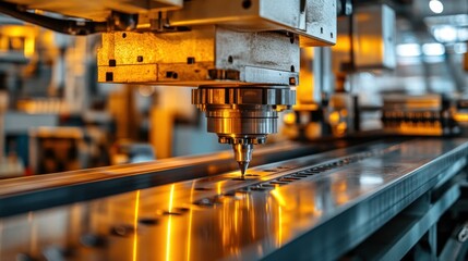 Metal drilling machine. Close-up view of the drill head working on a metal surface