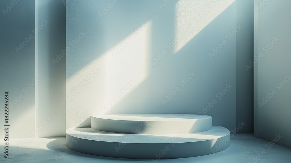 Poster minimalist interior with curved steps and soft sunlight illuminating a serene space during the day