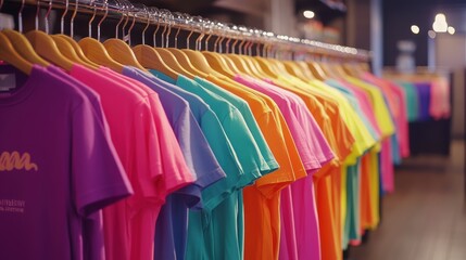 Obraz premium A vibrant rack of T-shirts in a kaleidoscope of colors, from bold neon hues to pastel shades, hung invitingly on polished hangers. The diverse collection showcased the versatility and trendiness of