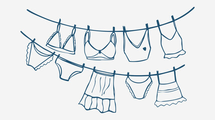 clothes hanging on clothesline drying with clothespins. Drying clothes line doodle vector illustration