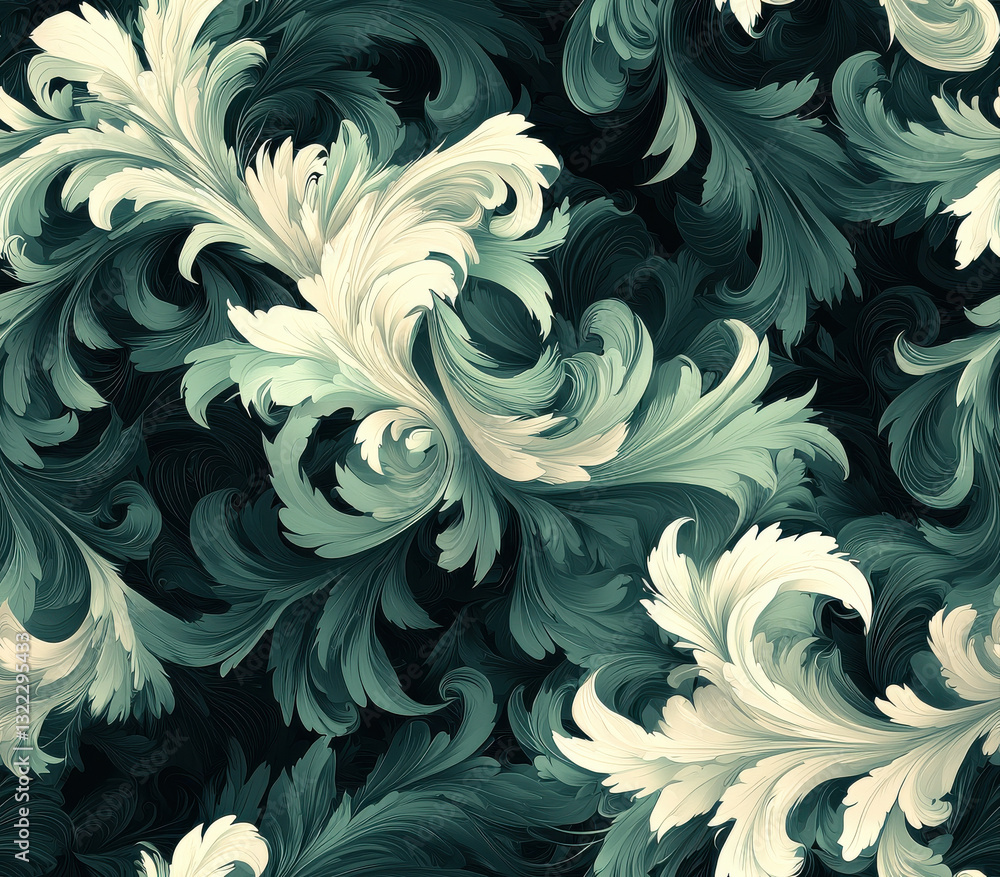 Poster delicate swirls of forest green and soft aquamarine create stunning pattern, seamless pattern style.