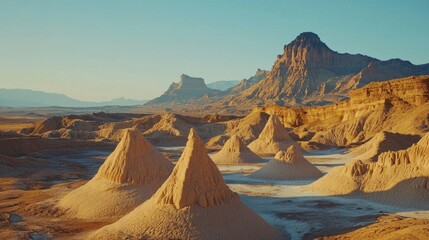 Naklejka premium Desert landscape features striking cone-shaped formations and rugged mountains in the distance, illuminated by warm light of sunset. Serenity and vastness define this natural beauty