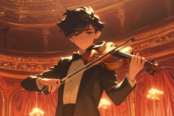 Fototapeta premium A young violinist performs in a grand concert hall beautifully