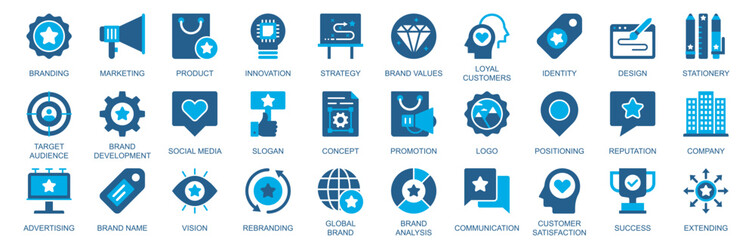 Branding icon set in flat duotone solid icons web design. Pack pictograms with marketing, strategy, brand values, loyal customers, identity, target audience, social media, other. Vector illustration.
