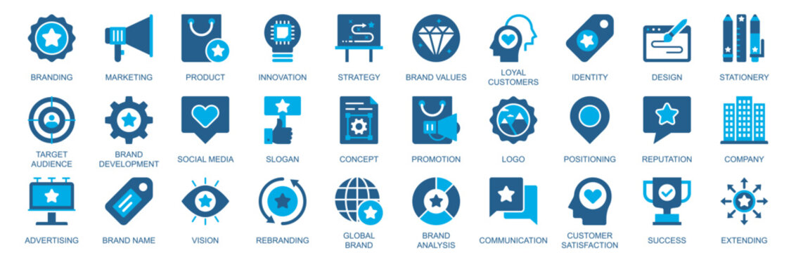 Branding icon set in flat duotone solid icons web design. Pack pictograms with marketing, strategy, brand values, loyal customers, identity, target audience, social media, other. Vector illustration.