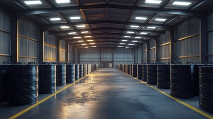 Obraz premium Rows of Black Barrels in a Large Industrial Warehouse
