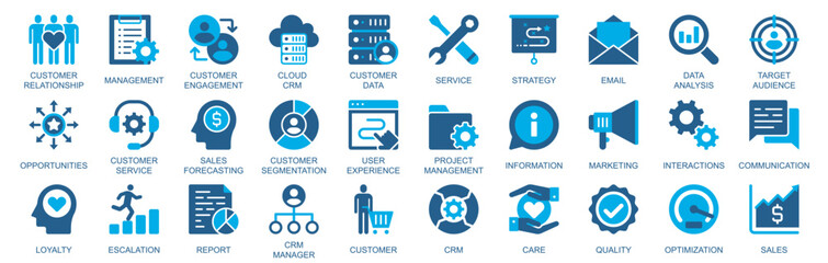 CRM icon set in flat duotone solid icons web design. Pack pictograms with customer relationship, management, engagement, cloud, service, strategy, email, data analysis, other. Vector illustration.