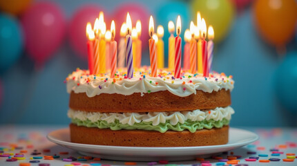  white birthday cake with candles, birthday party for children, children having fun, colorful cake, rainbow, multicolored balloons and sparkles, chocolate, sugar and candies, candles, sweet ... 