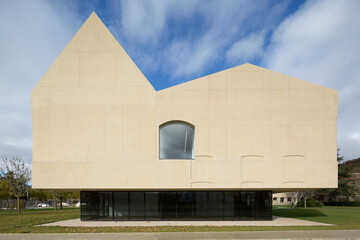 Modern architectural hospital with geometric design features