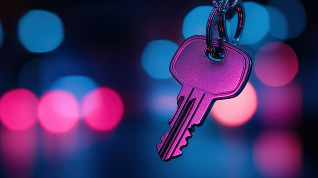 Metal key on chain, lit in neon, against blurry city lights backdrop