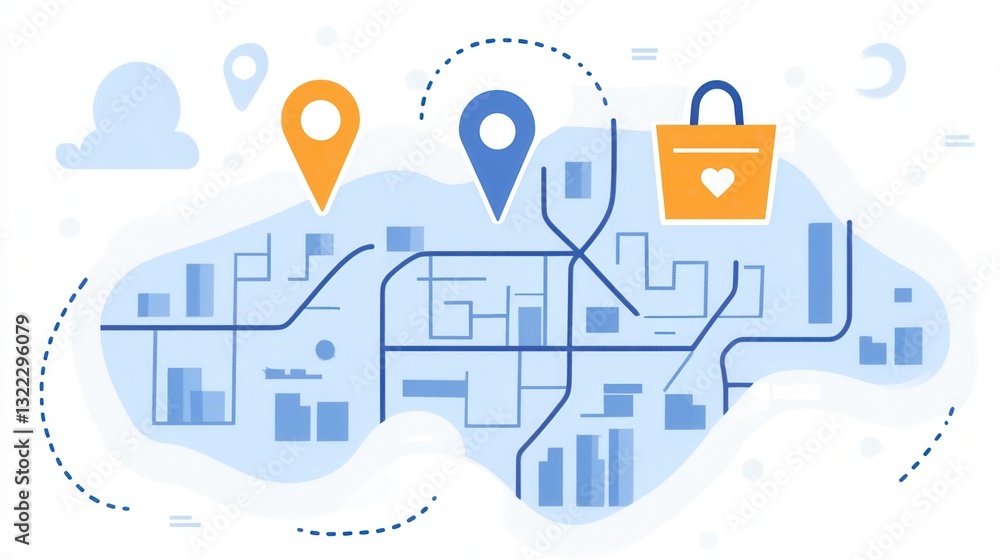 Poster Elegant illustration of delivery route map with grocery bag icon and location pins in a clean UX-inspired design