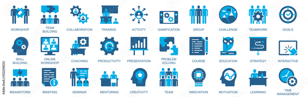 Fototapete workshop icon set in flat duotone solid icons web design. pack pictograms with team building, collab