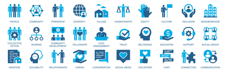 Community icon set in flat duotone solid icons web design. Pack pictograms with people, friendship, diversity, village, human rights, equality, culture, inclusion, trust, other. Vector illustration.