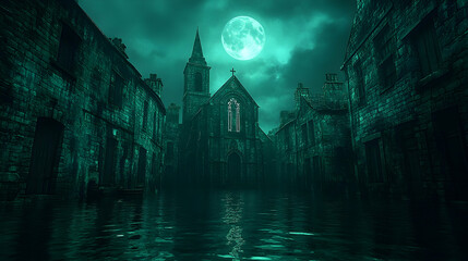 Flooded alleyway at night, church in the distance