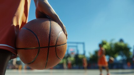Young athletes wearing orange jerseys engage in a lively basketball game on an outdoor court. The bright sun and clear skies create an energetic atmosphere for competition