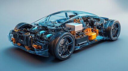 Fototapeta premium A detailed, technical cutaway of a hydrogen car, revealing the intricate inner workings, including its fuel cell stack, high-pressure tank, and battery pack, rendered in vibrant 3D.