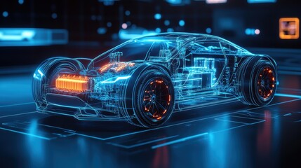 A detailed, 3D render of a hydrogen car, showcasing its intricate components: the fuel cell, battery pack, and electric motor, against a sleek, futuristic backdrop.