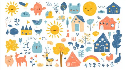 A bundle of childish crayon doodle drawings, featuring playful elements such as animals, characters, a sun, trees, houses, rainbows, and more. 0000000000