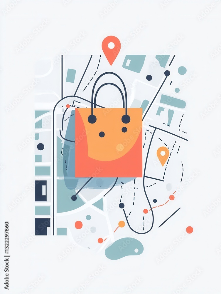 Aufkleber elegant delivery route map design featuring grocery bag icon and location pins for efficient shoppin