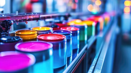 Vibrant Colorful Paint Cans on Conveyor Belt in Factory