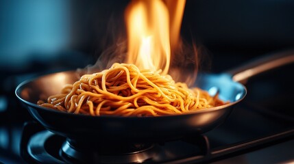   A close-up shot of a frying pan with food sizzling and a flame burning in the center