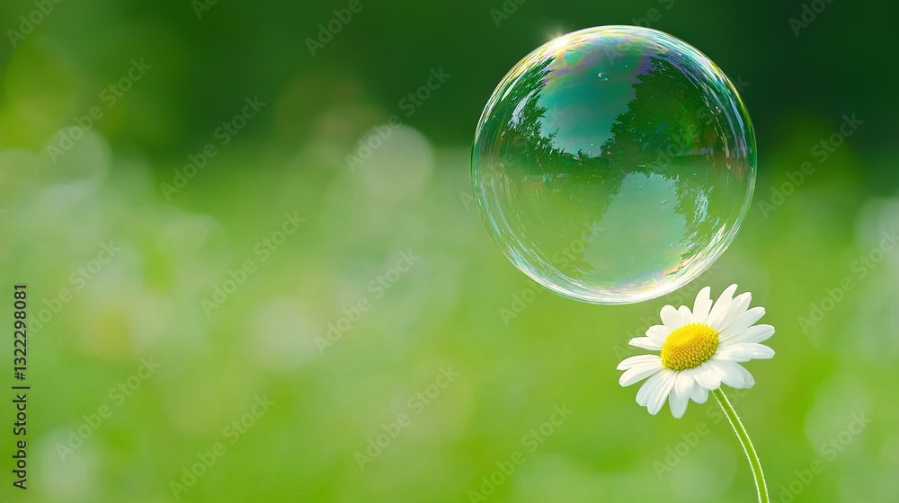 Poster a close-up of a bubble with a flower in the foreground and a blurry image of a tree in the backgroun