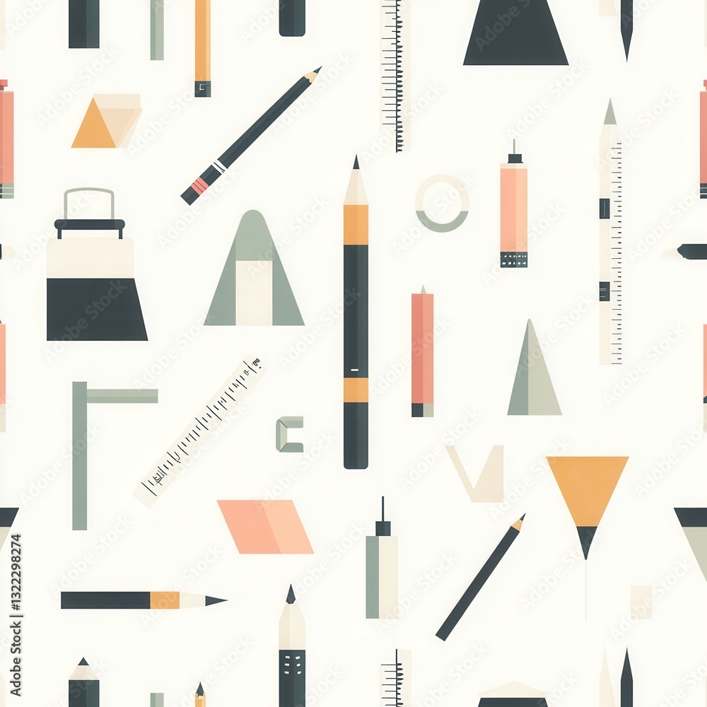 Aufkleber seamless pattern design featuring icons of design tools such as pencils, rulers, and color palettes 
