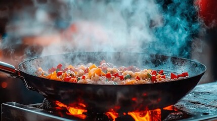  A wok brimming with various dishes is sizzling on an open-flame grill, emitting plumes of smoky aroma