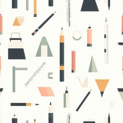 Obraz premium Seamless pattern design featuring icons of design tools such as pencils, rulers, and color palettes in a soft monochrome palette