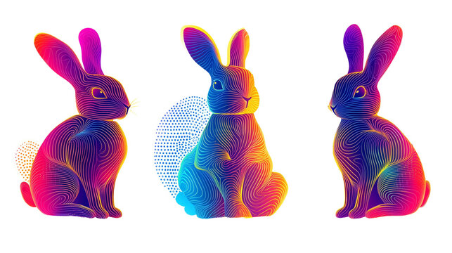 Illustration, set of Vibrant neon bunny silhouette with abstract shapes, futuristic and playful, clean lines, trendy aesthetic, isolated on transparent background. Design element for easter card, invi