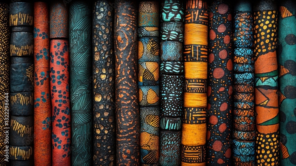 Poster colorful patterned cylindrical objects arranged in a row.
