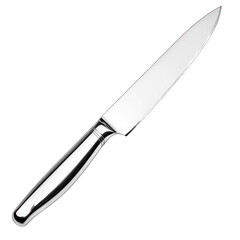 Obraz premium A sleek, shiny knife with a polished silver blade and elegant handle, isolated on white background.