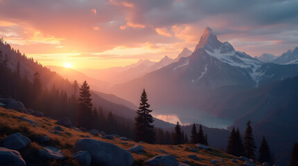 Dramatic Alpine Sunset Nature Scenery Golden Hour View of Jagged Peaks Serene Lake Forest Rocks and Vibrant Colorful Clouds