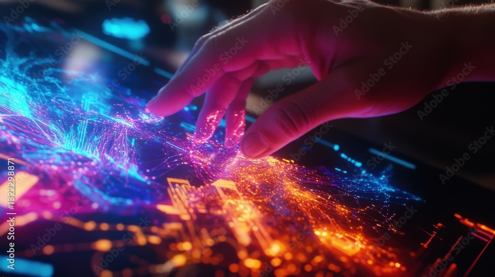 Poster a closeup of a business analysts hands interacting with a 3d holographic display adjusting data poin