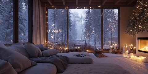Cozy interior with a winter view and festive christmas decorations