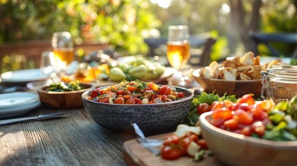 Sunny outdoor table with delicious food.