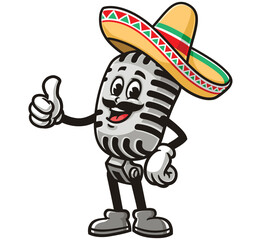 Microphone character mascot cartoon wearing a sombrero