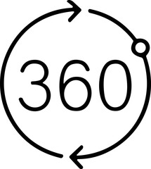 360 degree vector icon. Round signs with arrows rotation angle to three sixty degrees. Rotate symbol isolated on transparent background. Vector illustration.