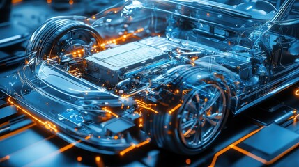 Obraz premium A detailed, 3D rendering of an electric car engine compartment, showcasing the intricate workings of its electric motors, battery packs, and other vital components.