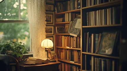 A peaceful library with warm lighting illuminates wooden shelves lined with books, creating an inviting nook for quiet study and reflection.