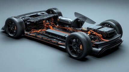 A sleek, electric automobile, meticulously dissected and rendered in a 3D top-down perspective, showcasing its intricate inner workings, highlighting the battery pack, motor, and transmission.