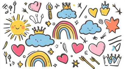 Fototapeta premium This collection includes colored crayon-drawn funky figures and whimsical doodles, perfect for kids' collages, creative projects, or adding a fun touch to any design.