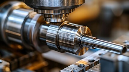 Metalworking lathe cutting precision steel. Close-up, machine shop, industrial
