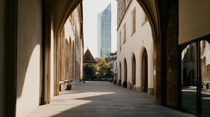 Obraz premium A quiet European street flanked by old buildings opens to a distant modern skyline, capturing a blend of history and innovation.